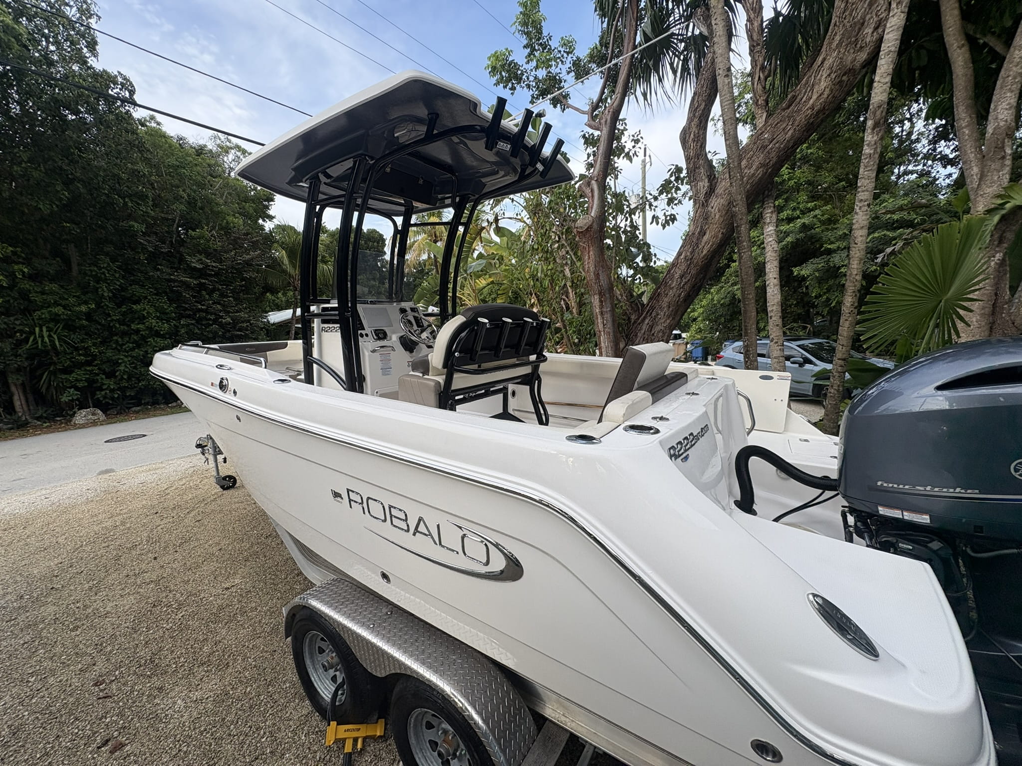 Robalo R222 center console on a trailer after a wash and wax detail