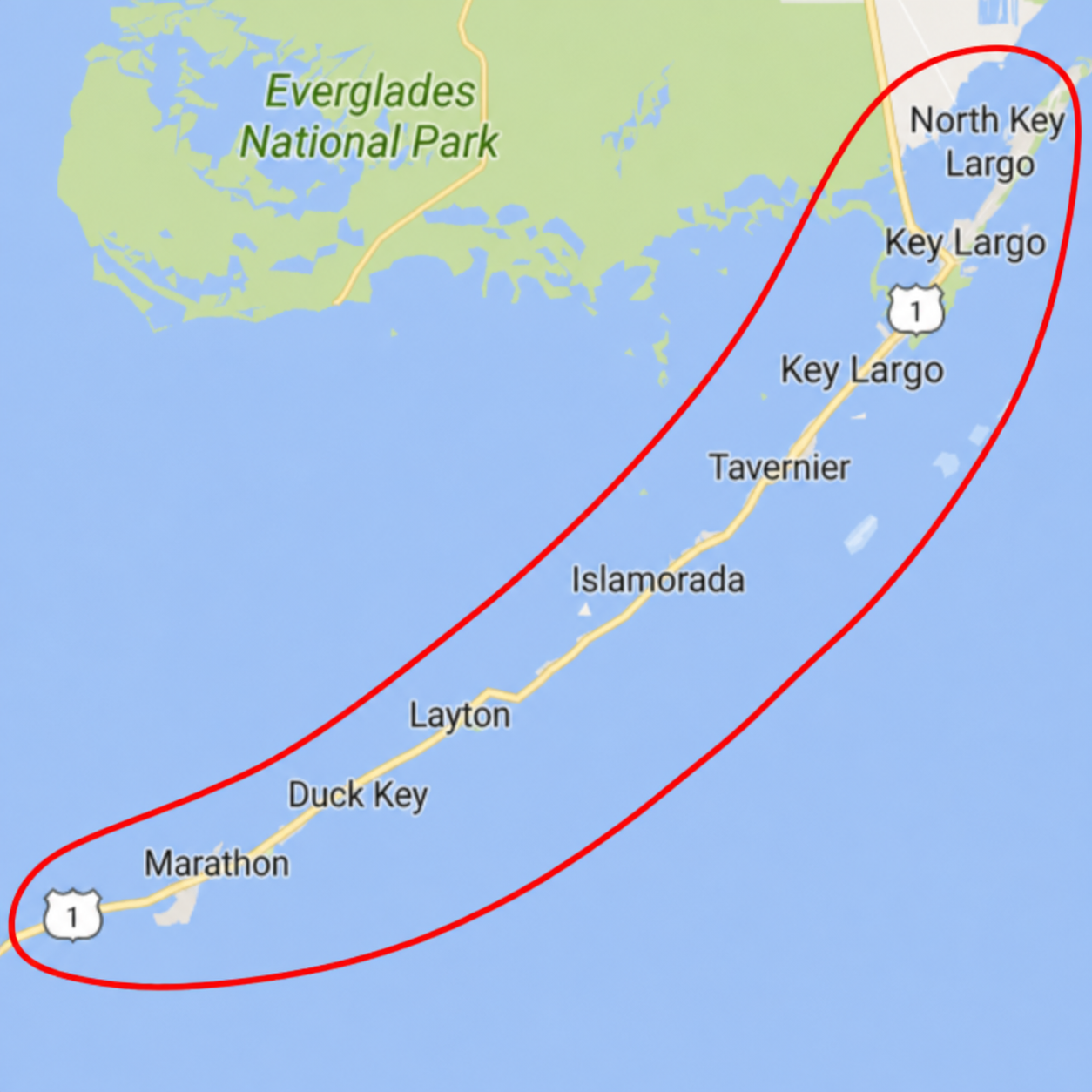 Islamorada yacht detailing service area map including North Key Largo, Key Largo, Tavernier, Islamorada, Layton, Duck Key and Marathon